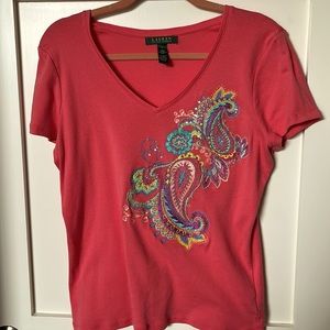 Ralph Lauren coral shirt with embroidery and sequins. Size large